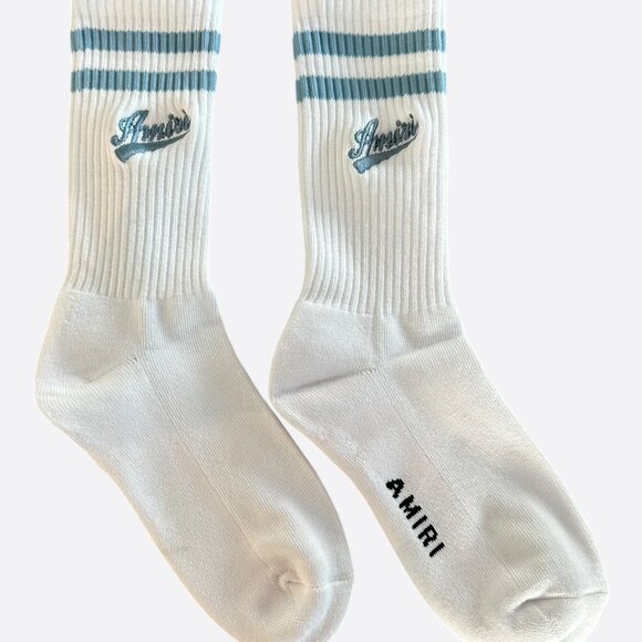 Amiri White & Blue Embroidered Varsity Script Logo Socks - Picture 1 of 2